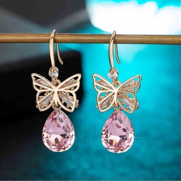 14K Rose Gold with Pink Sapphire Austrian Crystal Butterfly Teardrop Earrings - Picture 3 of 5